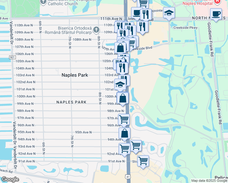 map of restaurants, bars, coffee shops, grocery stores, and more near 829 101st Avenue North in Naples