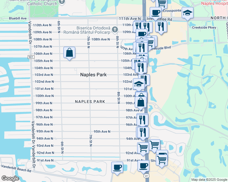 map of restaurants, bars, coffee shops, grocery stores, and more near 793 101st Avenue North in Naples