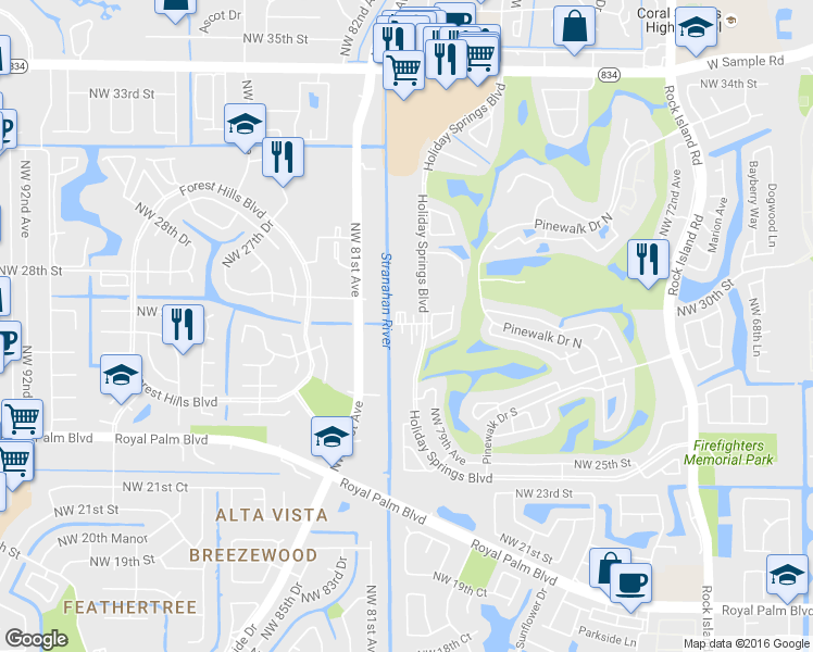 map of restaurants, bars, coffee shops, grocery stores, and more near 3100 Holiday Springs Boulevard in Margate
