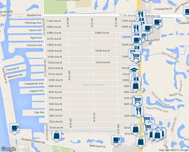 map of restaurants, bars, coffee shops, grocery stores, and more near 702 101st Avenue North in Naples
