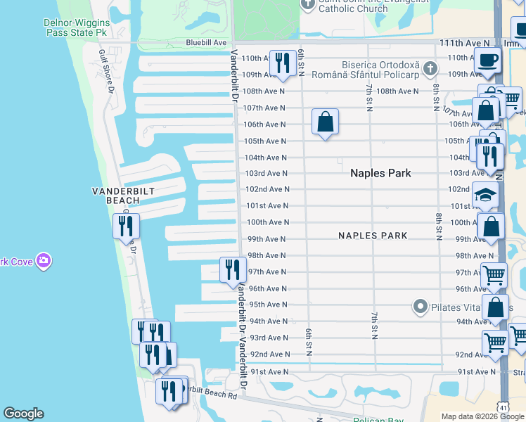 map of restaurants, bars, coffee shops, grocery stores, and more near 532 101st Avenue North in Naples