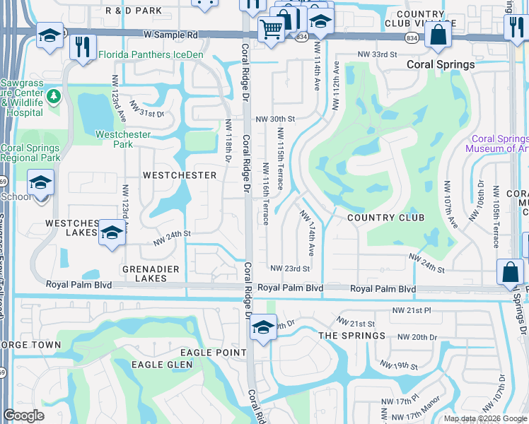 map of restaurants, bars, coffee shops, grocery stores, and more near 11603 Northwest 26th Street in Coral Springs