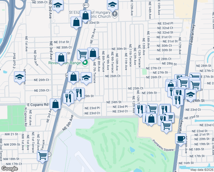 map of restaurants, bars, coffee shops, grocery stores, and more near 2610 Northeast 9th Avenue in Pompano Beach