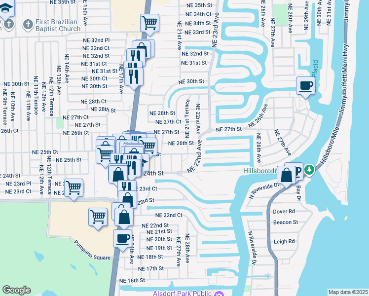 map of restaurants, bars, coffee shops, grocery stores, and more near 2150 Northeast 26th Street in Lighthouse Point