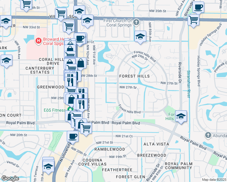 map of restaurants, bars, coffee shops, grocery stores, and more near 8968 Northwest 27th Street in Coral Springs