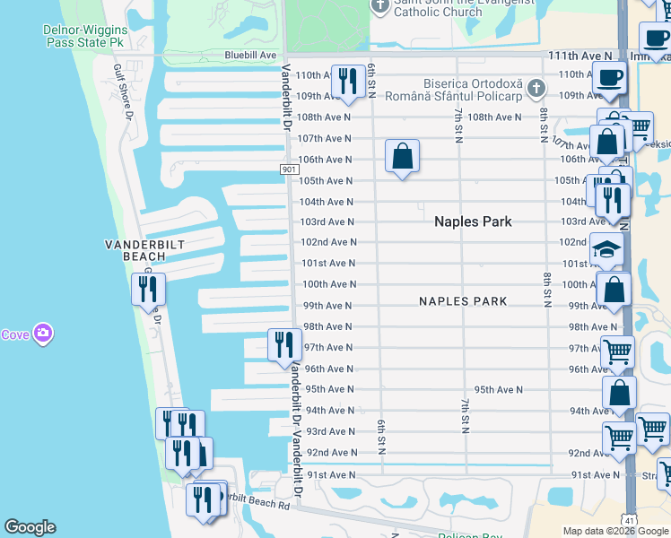 map of restaurants, bars, coffee shops, grocery stores, and more near 529 101st Avenue North in Naples