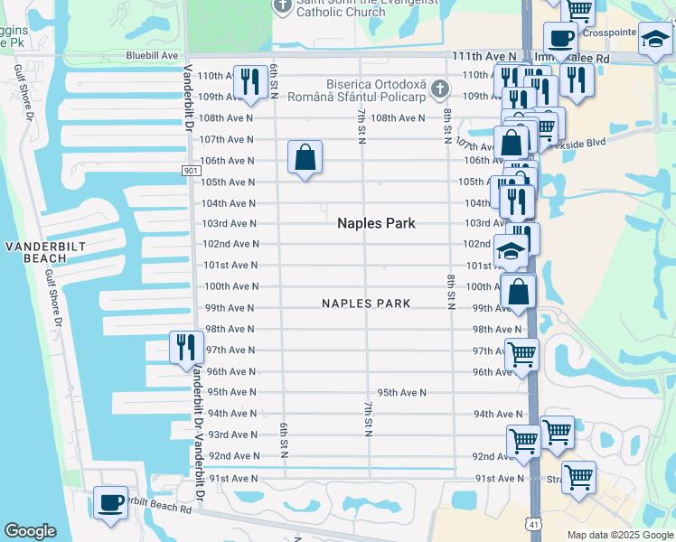 map of restaurants, bars, coffee shops, grocery stores, and more near 685 101st Avenue North in Naples