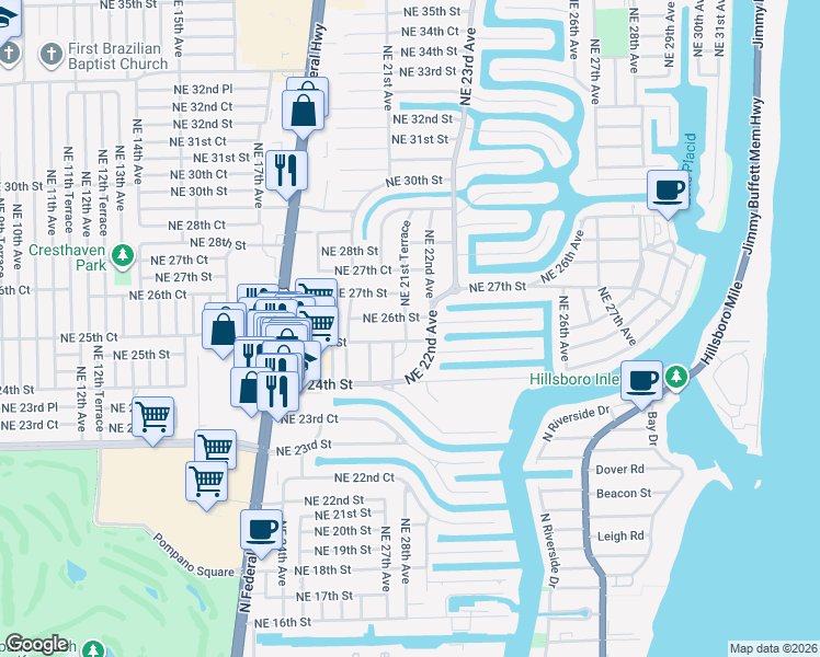 map of restaurants, bars, coffee shops, grocery stores, and more near 2150 Northeast 26th Street in Lighthouse Point