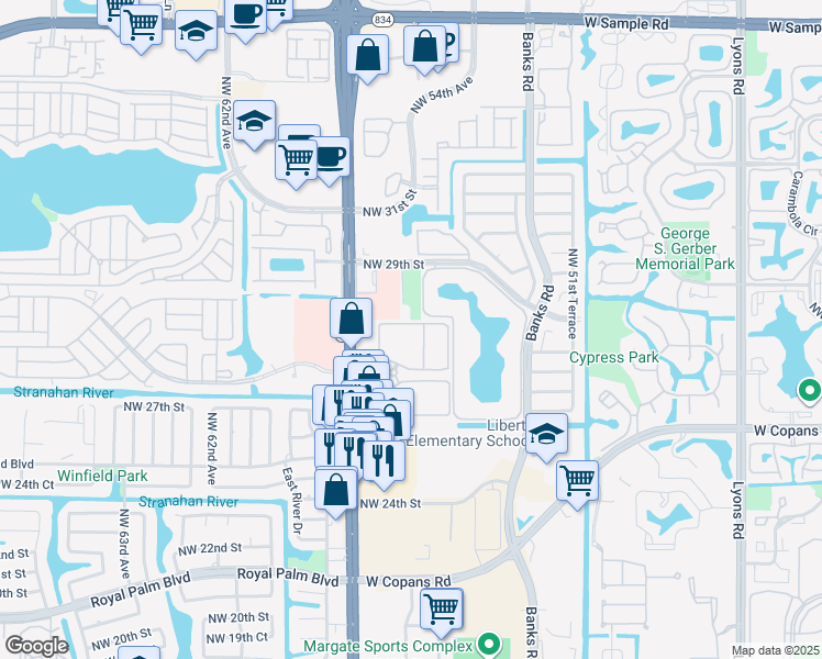 map of restaurants, bars, coffee shops, grocery stores, and more near 5500 Celebration Pointe Boulevard in Margate