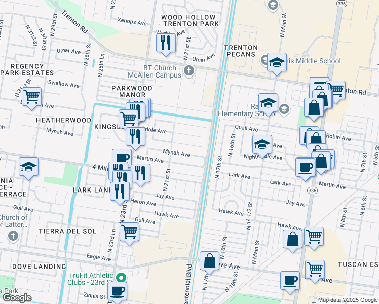 map of restaurants, bars, coffee shops, grocery stores, and more near 1917 Nightingale Avenue in McAllen