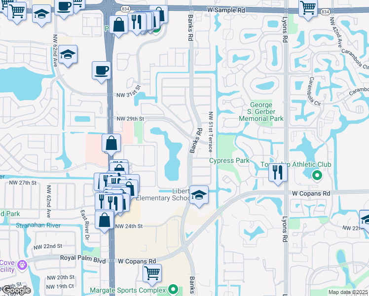 map of restaurants, bars, coffee shops, grocery stores, and more near 5902 Coral Lake Drive in Margate