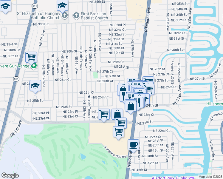 map of restaurants, bars, coffee shops, grocery stores, and more near 2600 Northeast 14th Terrace in Pompano Beach