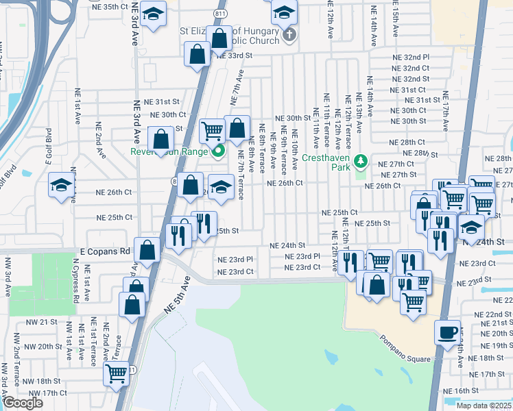 map of restaurants, bars, coffee shops, grocery stores, and more near 2620 Northeast 8th Avenue in Pompano Beach