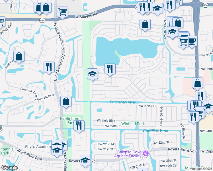 map of restaurants, bars, coffee shops, grocery stores, and more near 6621 Northwest 29th Court in Margate