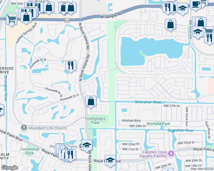 map of restaurants, bars, coffee shops, grocery stores, and more near 2908 Northwest 68th Avenue in Margate