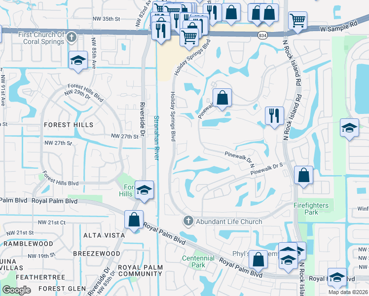 map of restaurants, bars, coffee shops, grocery stores, and more near 3071 Holiday Springs Boulevard in Margate
