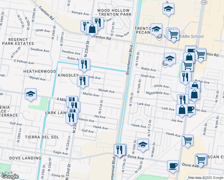 map of restaurants, bars, coffee shops, grocery stores, and more near 1917 Nightingale Avenue in McAllen