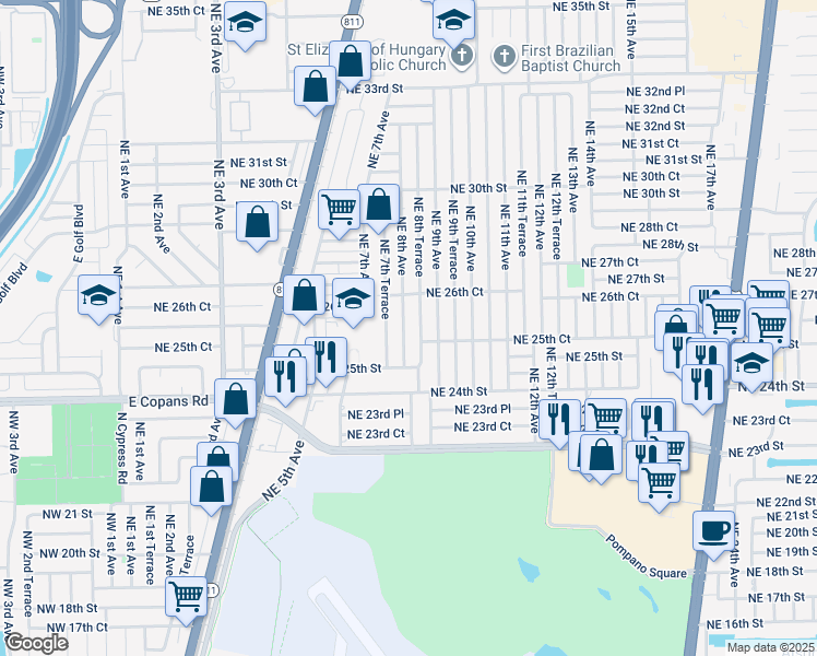 map of restaurants, bars, coffee shops, grocery stores, and more near 2620 Northeast 8th Avenue in Pompano Beach