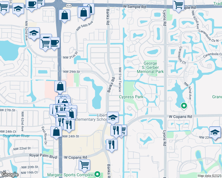 map of restaurants, bars, coffee shops, grocery stores, and more near 2849 Northwest 52nd Terrace in Margate
