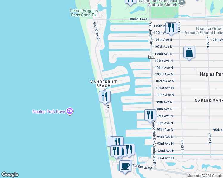 map of restaurants, bars, coffee shops, grocery stores, and more near 127 Bayview Avenue in Naples