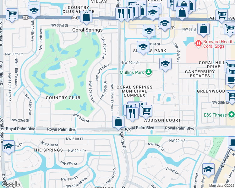 map of restaurants, bars, coffee shops, grocery stores, and more near 2700 Coral Springs Drive in Coral Springs