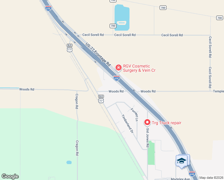 map of restaurants, bars, coffee shops, grocery stores, and more near 17439 Woods Rd in Harlingen
