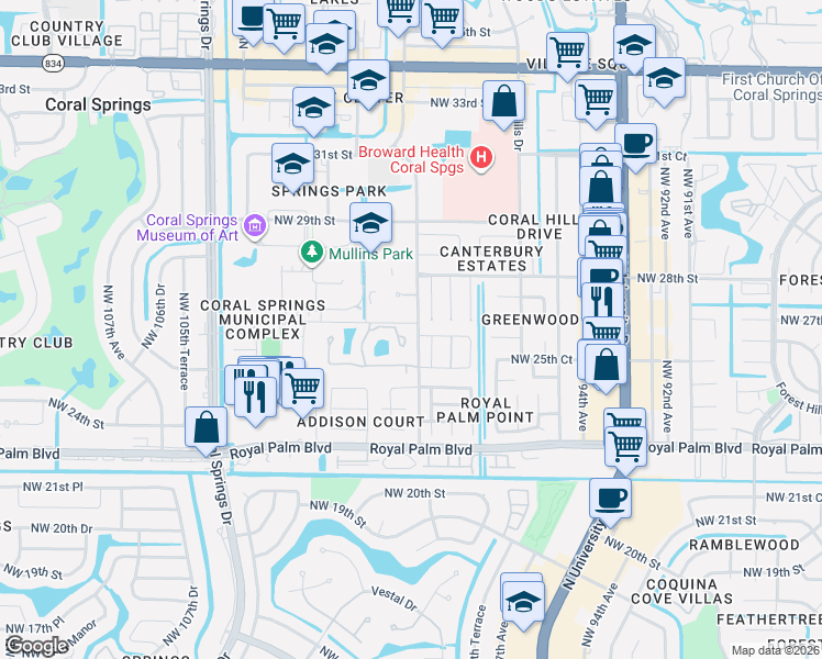 map of restaurants, bars, coffee shops, grocery stores, and more near 2617 Northwest 99th Avenue in Coral Springs