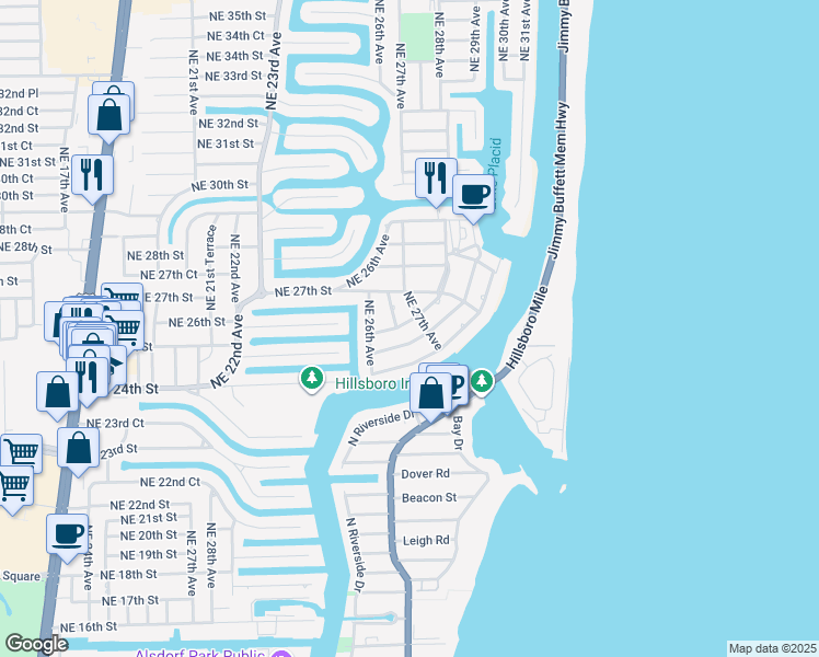 map of restaurants, bars, coffee shops, grocery stores, and more near 2676 Northeast 26th Street in Lighthouse Point