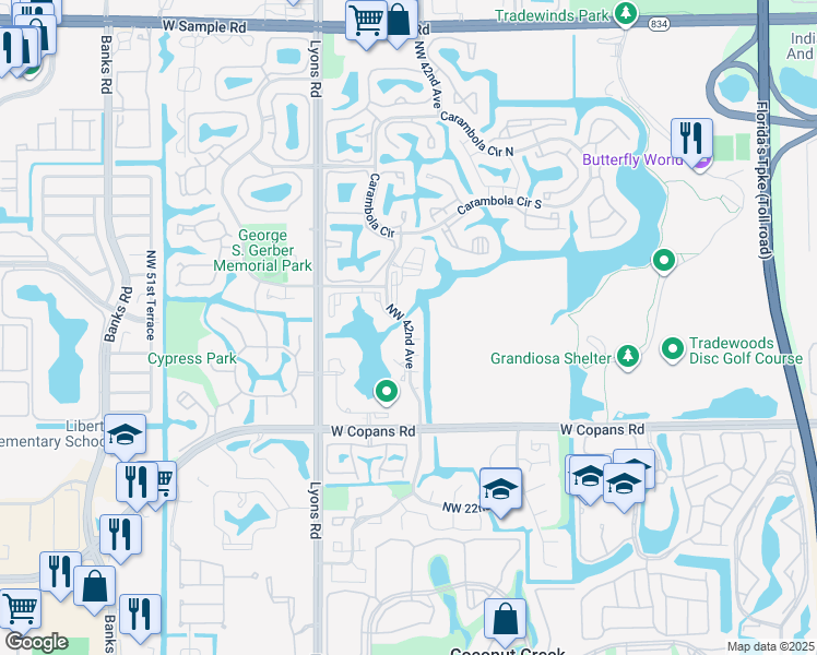 map of restaurants, bars, coffee shops, grocery stores, and more near 2820 Northwest 42nd Avenue in Coconut Creek