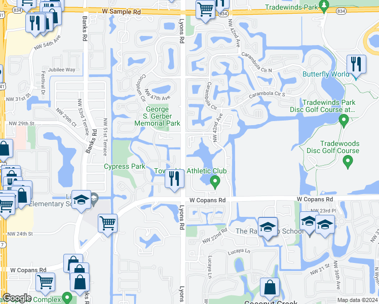 map of restaurants, bars, coffee shops, grocery stores, and more near 4400 Northwest 30th Street in Coconut Creek