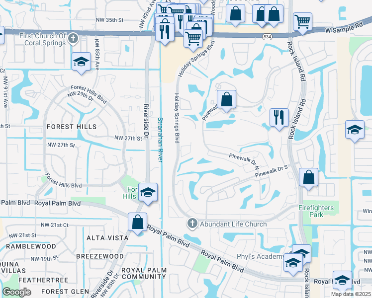 map of restaurants, bars, coffee shops, grocery stores, and more near 3071 Holiday Springs Boulevard in Margate