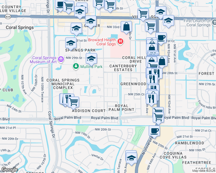 map of restaurants, bars, coffee shops, grocery stores, and more near 2605 Northwest 98th Lane in Coral Springs