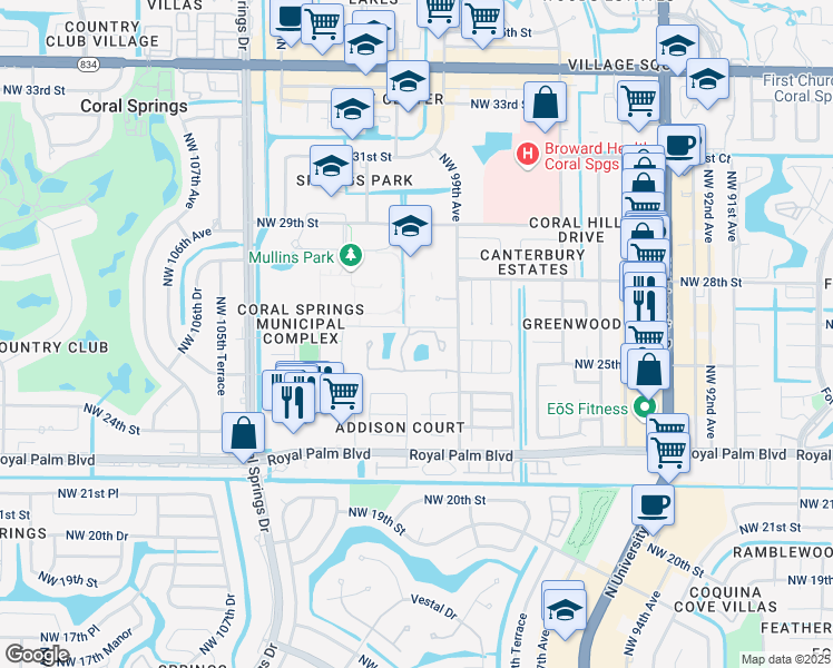 map of restaurants, bars, coffee shops, grocery stores, and more near 2617 Northwest 99th Avenue in Coral Springs