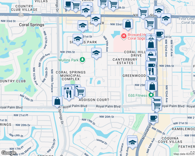 map of restaurants, bars, coffee shops, grocery stores, and more near 2617 Northwest 99th Avenue in Coral Springs