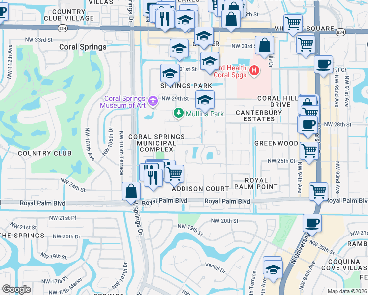 map of restaurants, bars, coffee shops, grocery stores, and more near 2562 Northwest 99th Avenue in Coral Springs