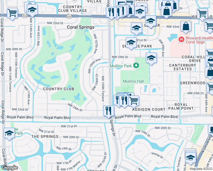 map of restaurants, bars, coffee shops, grocery stores, and more near 2700 Coral Springs Drive in Coral Springs