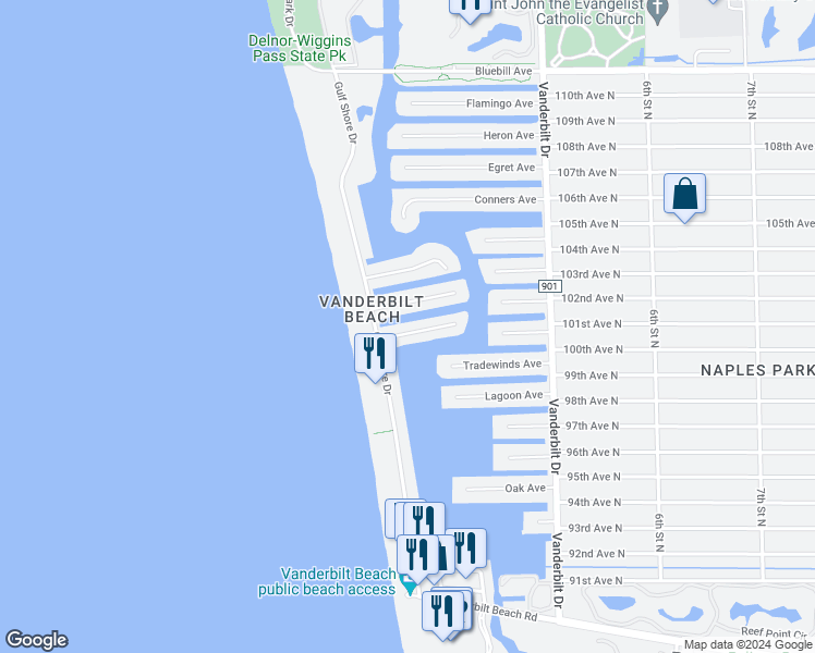 map of restaurants, bars, coffee shops, grocery stores, and more near 127 Bayview Avenue in Naples