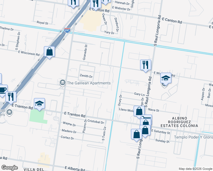 map of restaurants, bars, coffee shops, grocery stores, and more near 1714 East Wisconsin Road in Edinburg