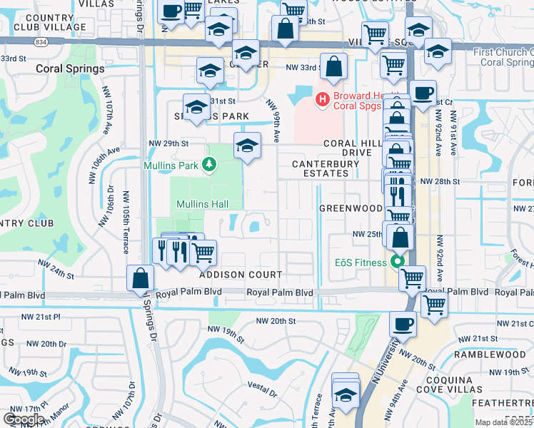 map of restaurants, bars, coffee shops, grocery stores, and more near 2617 Northwest 99th Avenue in Coral Springs
