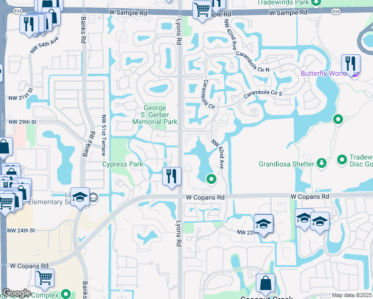 map of restaurants, bars, coffee shops, grocery stores, and more near 4400 Northwest 30th Street in Coconut Creek