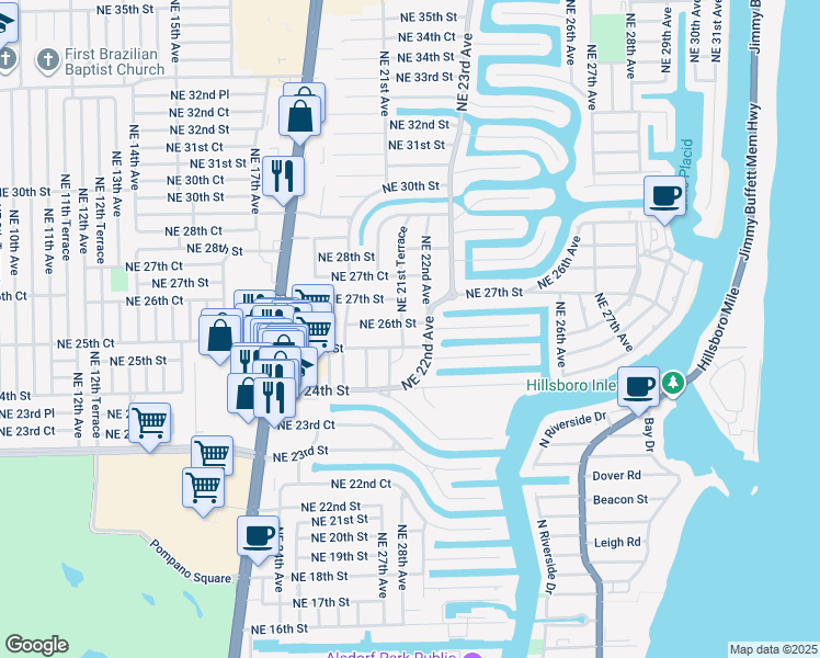 map of restaurants, bars, coffee shops, grocery stores, and more near 2150 Northeast 26th Street in Lighthouse Point