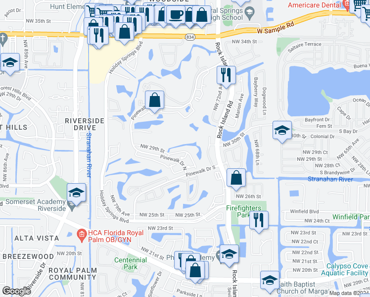 map of restaurants, bars, coffee shops, grocery stores, and more near 7540 Northwest 29th Street in Margate