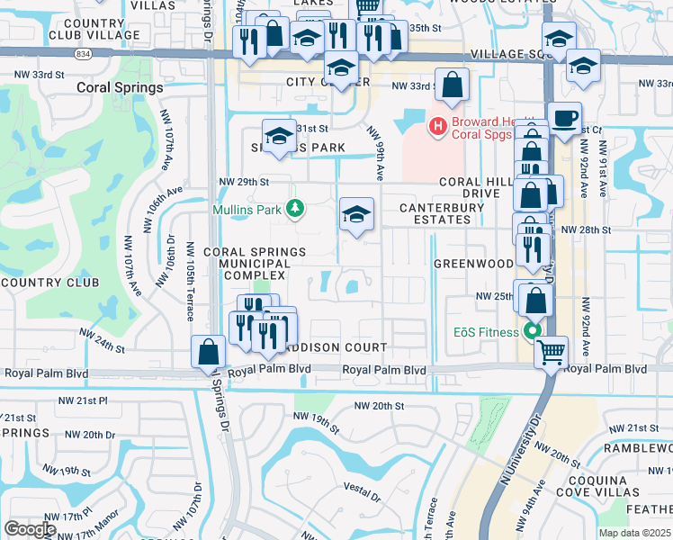 map of restaurants, bars, coffee shops, grocery stores, and more near 2614 Northwest 99th Avenue in Coral Springs