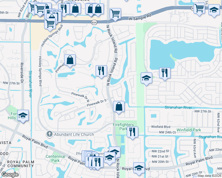 map of restaurants, bars, coffee shops, grocery stores, and more near 6995 Northwest 29th Court in Margate