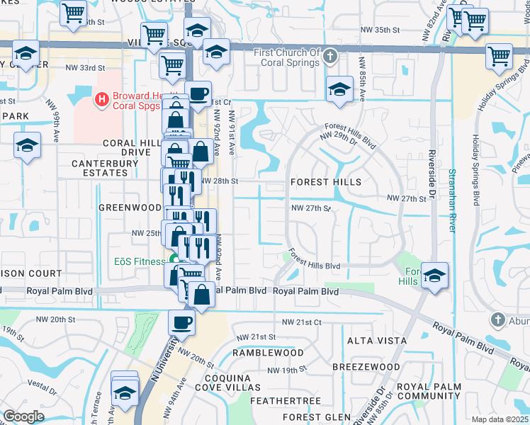 map of restaurants, bars, coffee shops, grocery stores, and more near 8968 Northwest 27th Street in Coral Springs