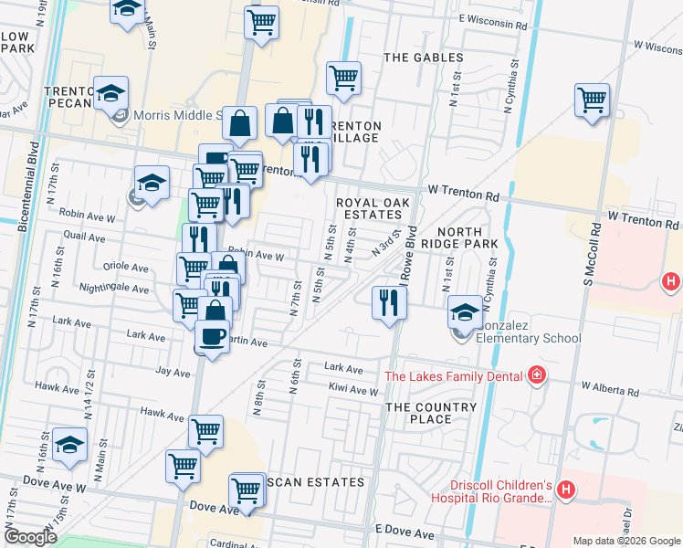 map of restaurants, bars, coffee shops, grocery stores, and more near 412 Quail Avenue in McAllen