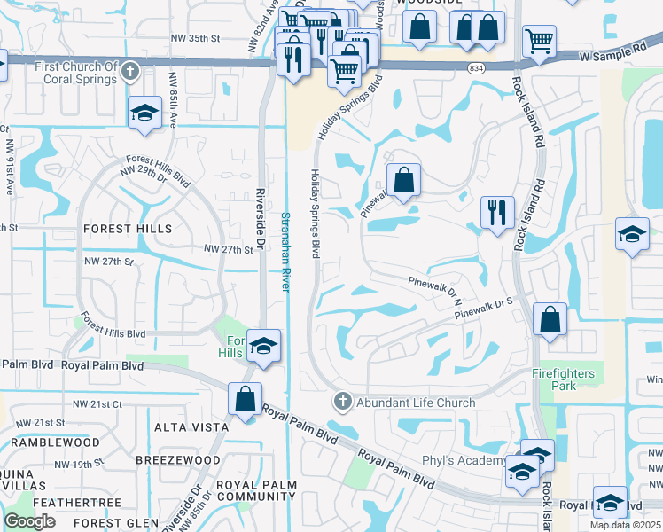 map of restaurants, bars, coffee shops, grocery stores, and more near 3071 Holiday Springs Boulevard in Margate