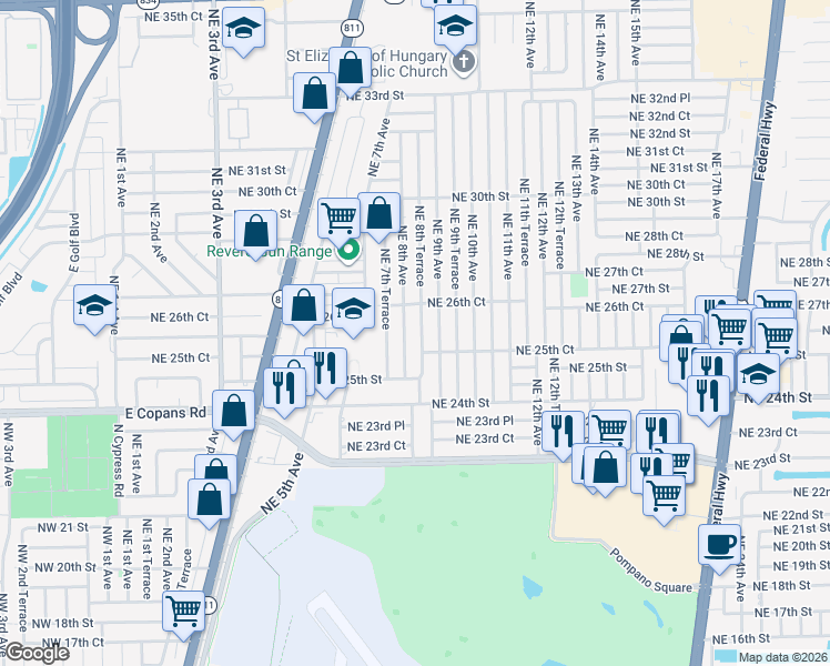 map of restaurants, bars, coffee shops, grocery stores, and more near 2620 Northeast 8th Avenue in Pompano Beach