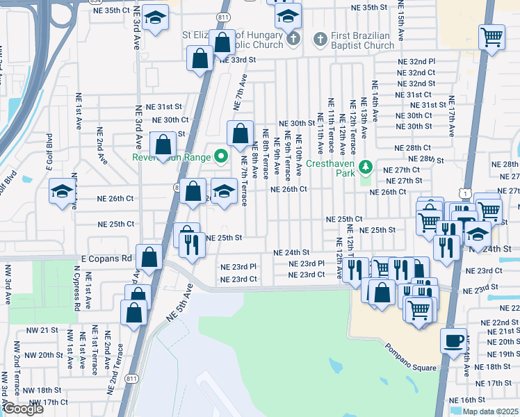 map of restaurants, bars, coffee shops, grocery stores, and more near 2620 Northeast 8th Avenue in Pompano Beach