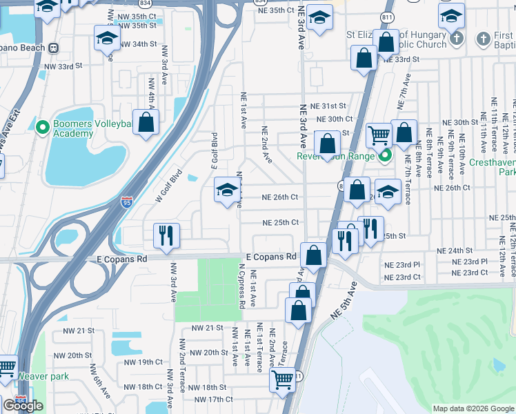 map of restaurants, bars, coffee shops, grocery stores, and more near 131 Northeast 26th Street in Pompano Beach